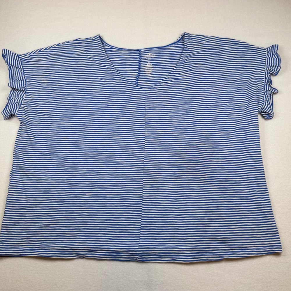 St Johns Bay Womens XL Blue White Striped V-Neck Ruffle Flutter Sleeve Top